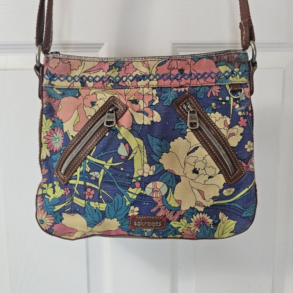 Sakroots Floral Crossbody Bag Blue Pink Canvas Jute Leather Trim Zip Boho Purse